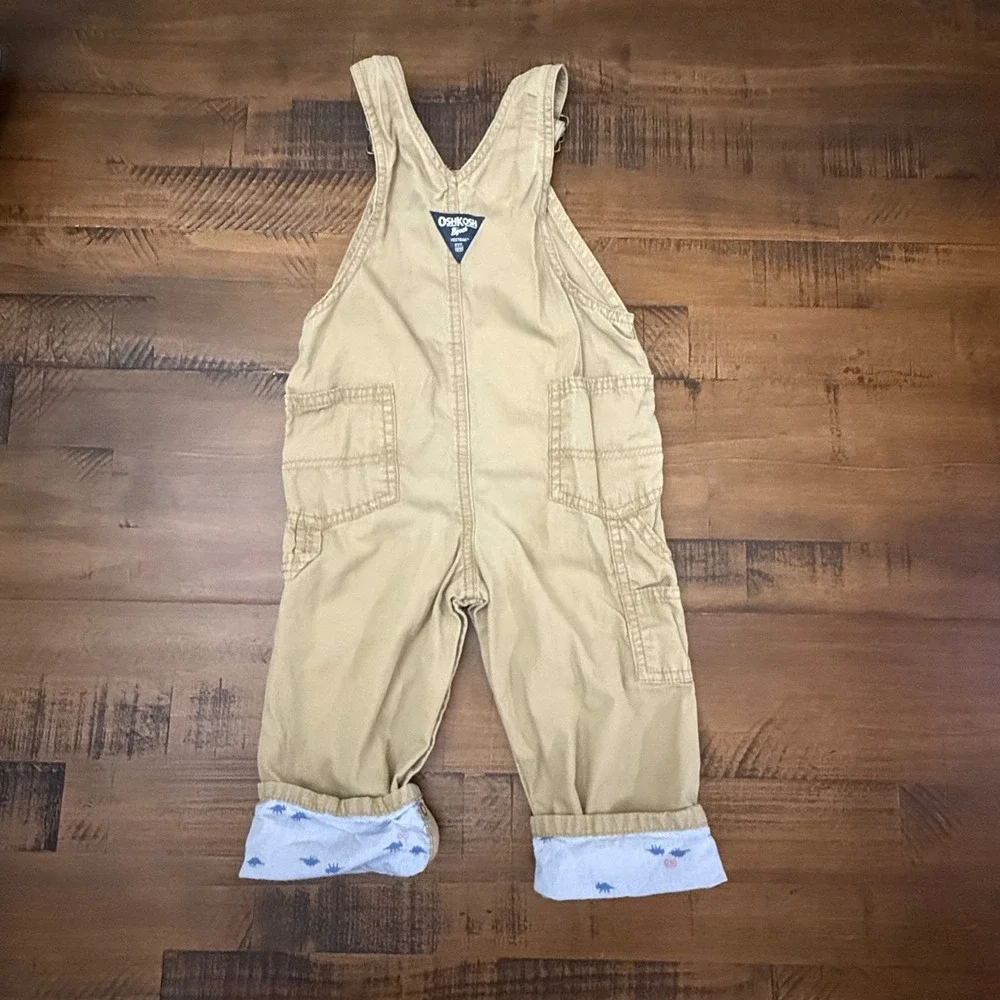 OshKosh‎ B'gosh Kids Tan Dinosaur Print Lined Overalls Size 24M